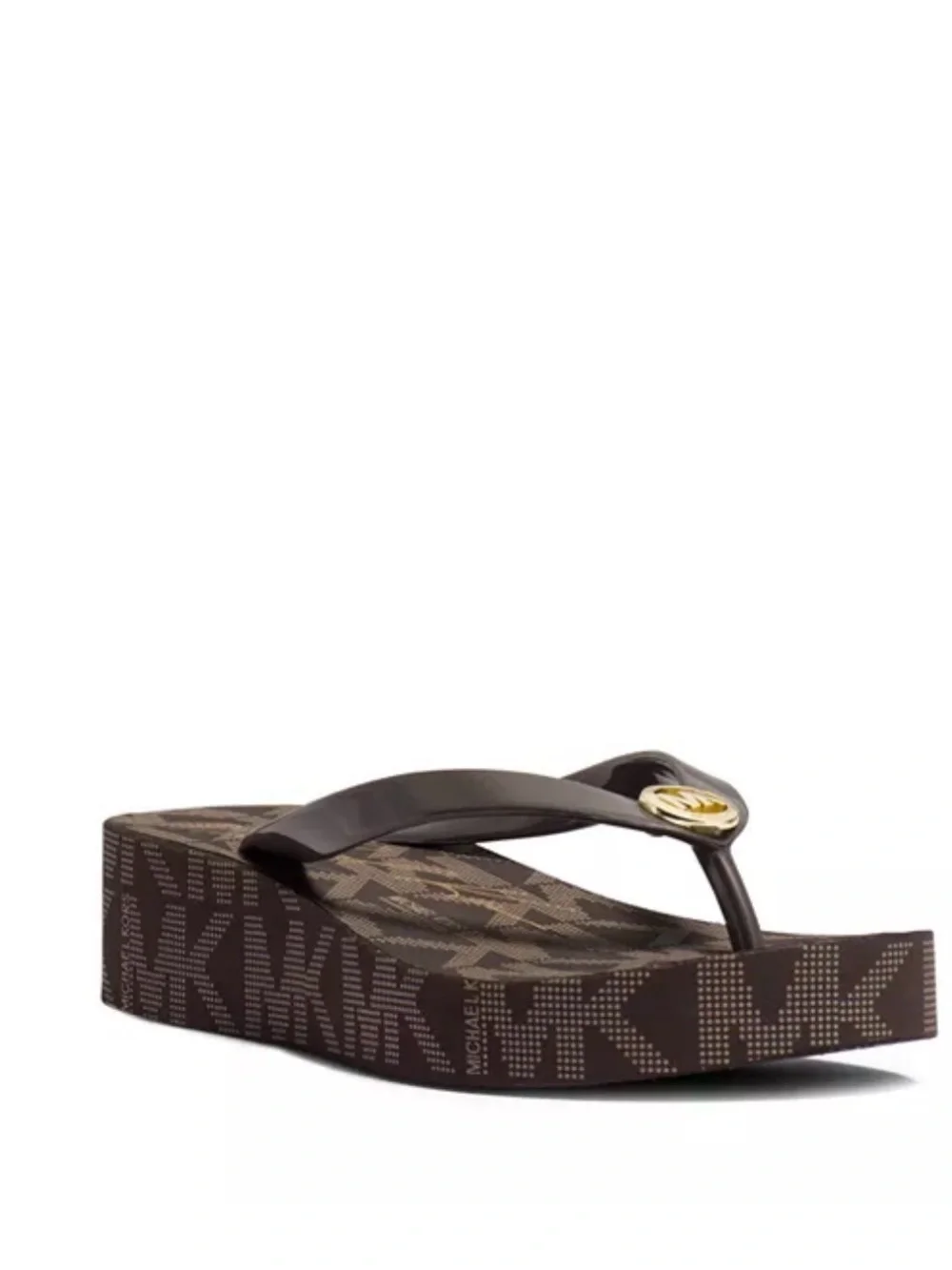 Michael Kors Brown MK Logo Platform Thong Sandal with Gold Accent